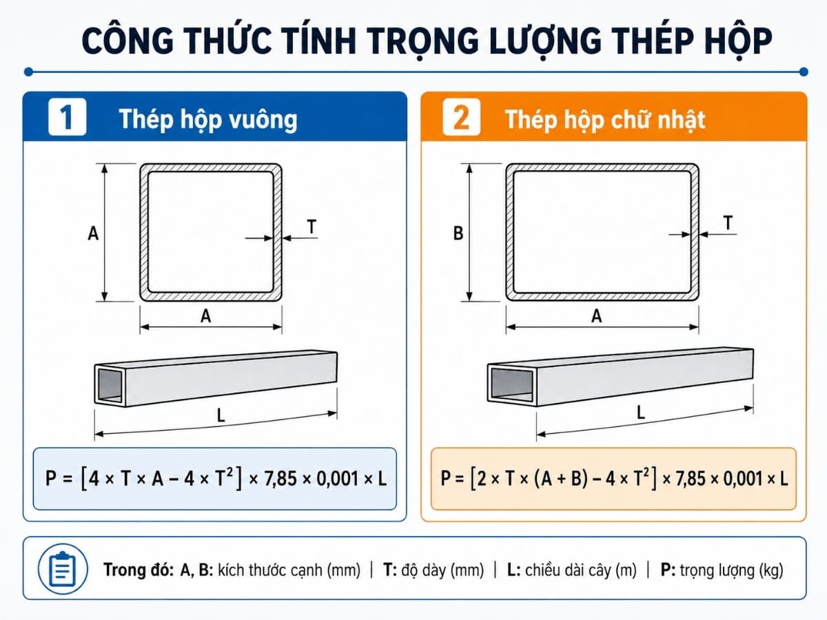 Công thức tính trọng lượng thép hộp vuông